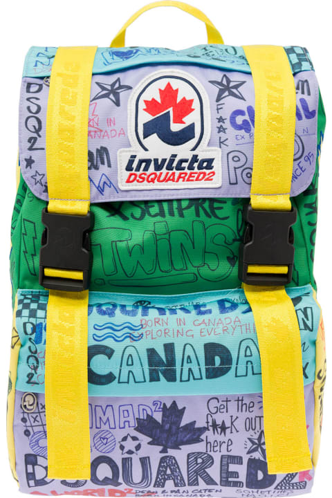 Jolly Backpack - Nylon Lavato+stampa Scritte - Verde+lilla+giallo