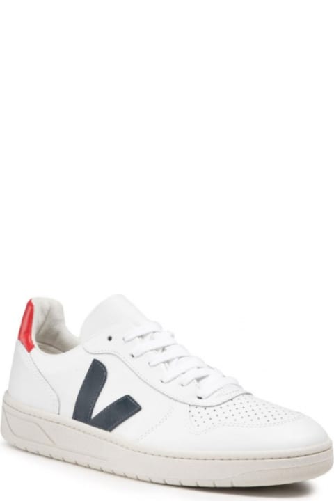 Veja Man 's White V10  Leather Sneakers With Logo