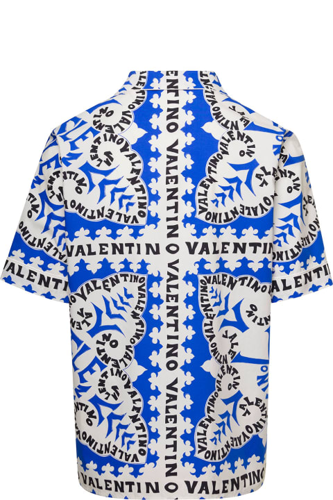 Blue And White Bowling Shirt With Mini Bandana Print In Cotton Man