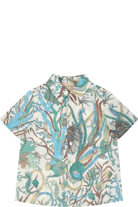 メンズ新着アイテム Gucci Ivory Shirt For Baby Boy With Marine Print