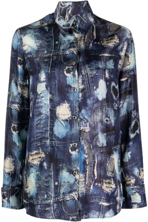 Fashion for Women John Richmond Shirt With Iconic Runway Denim-effect Pattern And Long Puff Sleeves.