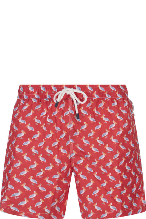 Swimwear for Men Fedeli Red Swim Shorts With Pelican Pattern