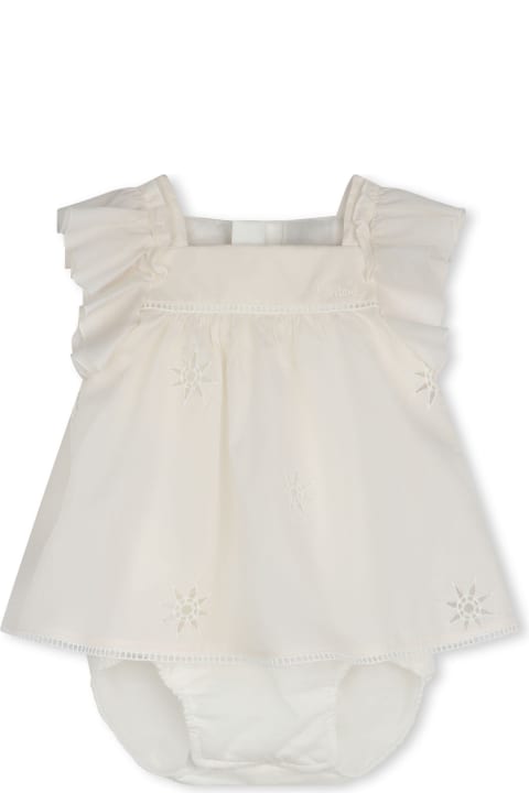 Chloé Kids Chloé White Dress With Embroidered Stars And Ladder Stitch Work