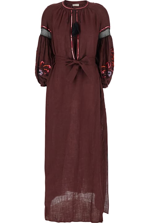 Anjuna Clothing for Women Anjuna 'nicoletta' Brown Long Dress With Long Puffed Sleeves And Belt In Linen Woman