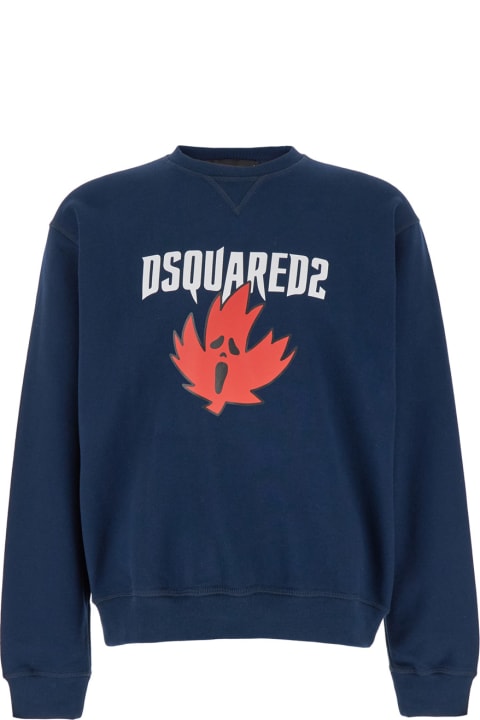 Fleeces & Tracksuits for Men Dsquared2 Blue Crewneck Sweatshirt With Screaming Maple In Cotton Man