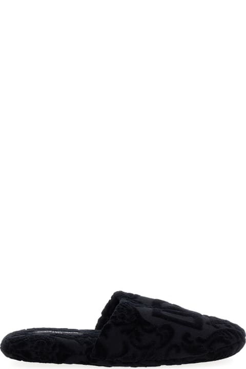小物 Dolce & Gabbana Black Slippers With Dg Logo Jacquard In Cotton Terry