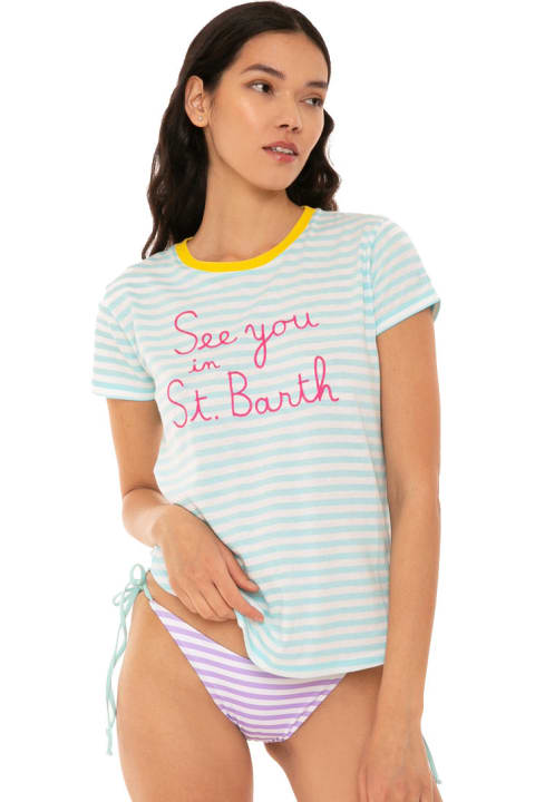 ウィメンズ新着アイテム MC2 Saint Barth Striped T-shirt With See You In St. Barth Embroidery
