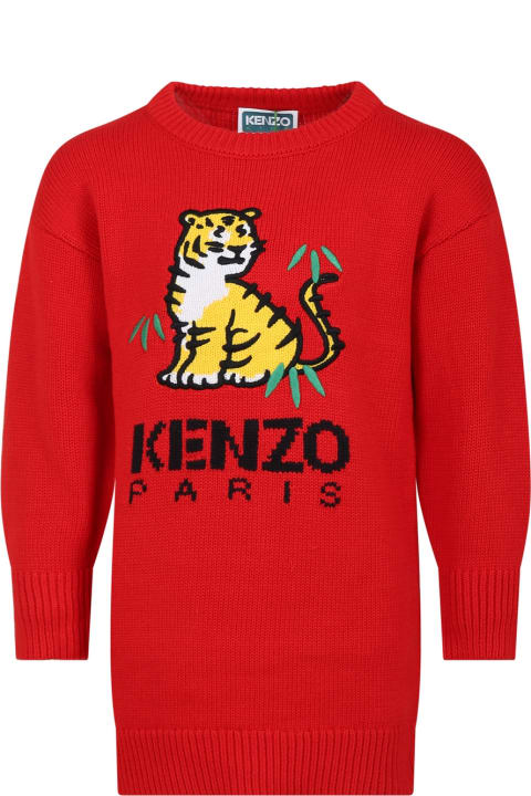 Dresses for Girls Kenzo Kids Red Dress For Girl With Logo And Tiger