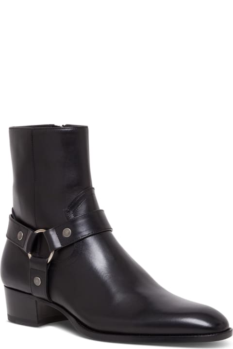 Black Leather Boots With Double Chain Strap Man Saint Laurent
