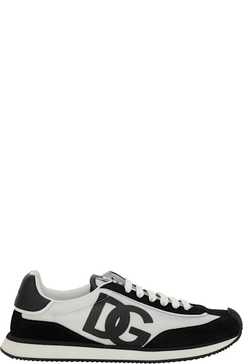 Homeware Dolce & Gabbana 'aria' White And Black Running Sneakers With Logo Detail In Suede And Tech Fabric Man