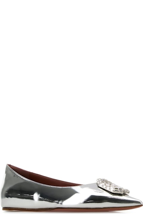آخر صيحات الموضة من السيدات Amina Muaddi Silver Leather Camelia Ballerinas