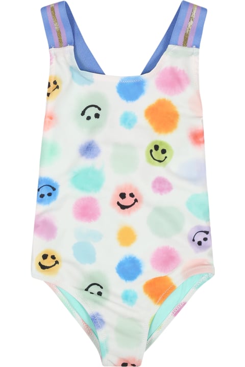 Molo Swimwear for Girls Molo White Swimsuit For Baby Girl With Polka Dots And Smiley