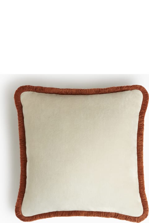 Home Décor Lo Decor Happy Pillow   Dirty White Velvet With Brick Red Fringes