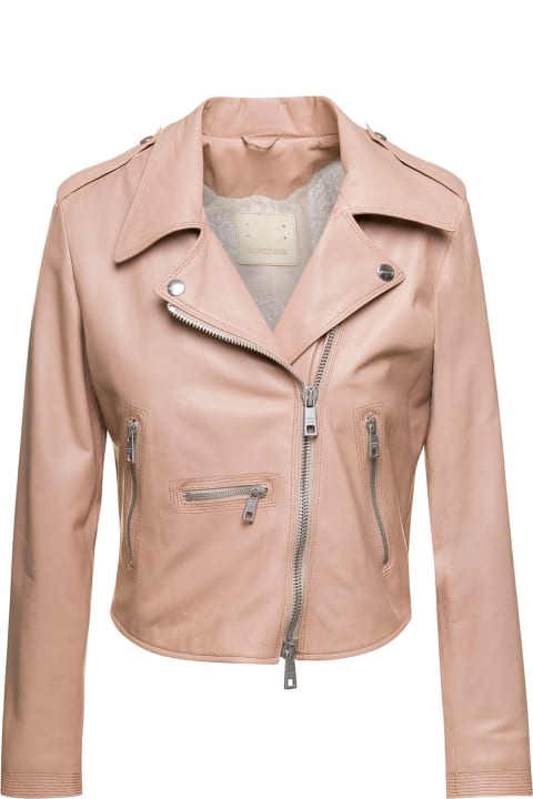 Pink Biker Jacket V Neck And Wide Peak Lapels In Leather Woman