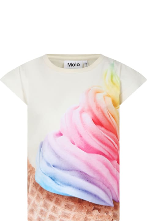 Molo Topwear for Girls Molo Ivory T-shirt For Girl With Icecream Print