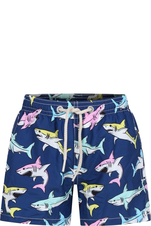 Swimwear for Boys MC2 Saint Barth Blue Swim Shorts For Boy With Shark Print