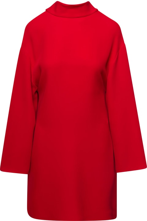 Mini Red Dress With Crewneck And Bow Detail At The Back In Silk Woman