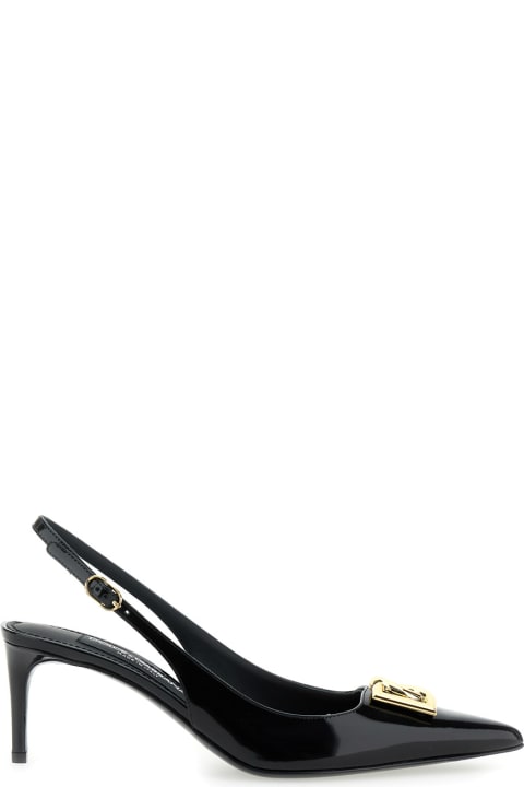 High-Heeled Shoes for Women Dolce & Gabbana Black Slingback With Plate Logo In Patent Leather Woman
