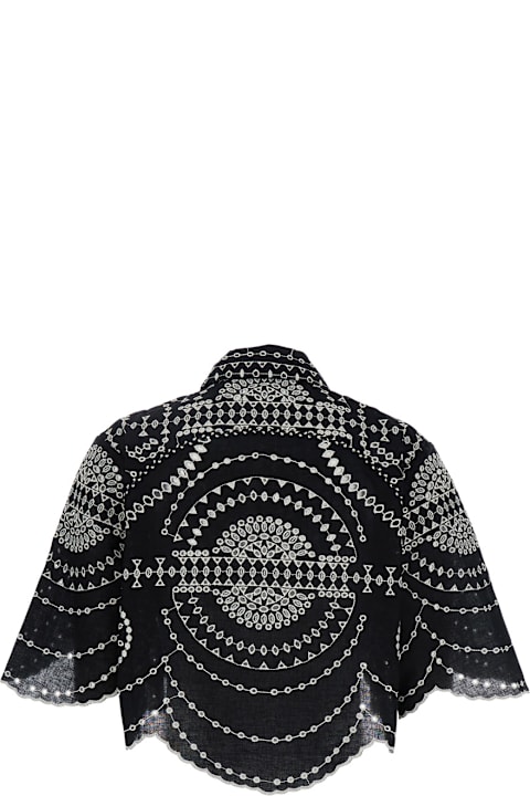 Charo Ruiz Topwear for Women Charo Ruiz 'emmie' Black Blouse With Cropped Design And All-over Contrasting Embroidered Details In Cotton And Linen Blend Woman