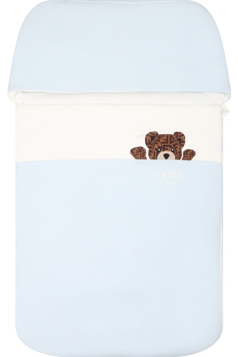 Fashion for Kids Fendi Light Blue Sleeping Bag For Baby Boy With Bear And Fendi Logo
