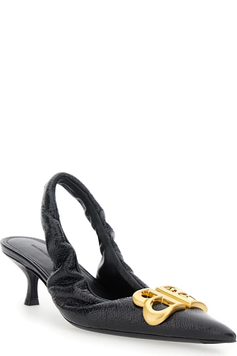Fashion for Women Balenciaga 'monaco' Black Slingback Pumps With Logo Plaque On The Front And Low Stiletto Heel In Leather Woman