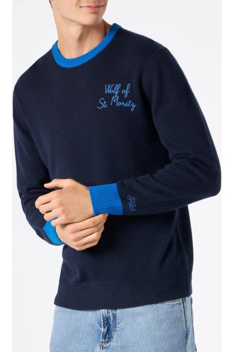 Homeware MC2 Saint Barth Man Navy Blue Sweater With Wolf Of St. Moritz Embroidery