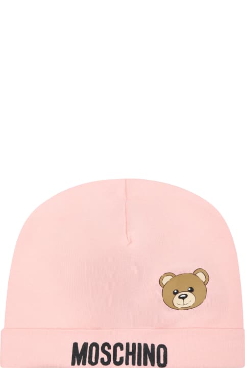 Sale for Baby Girls Moschino Pink Baby Girl Hat With Logo And Teddy Bear