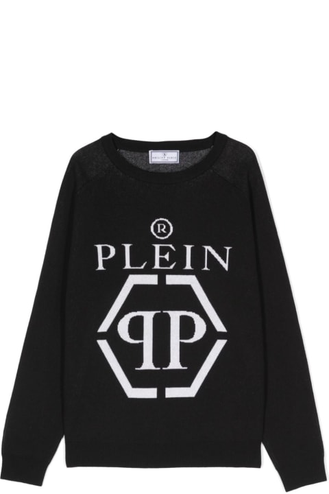 Philipp Plein Junior Sweaters & Sweatshirts for Boys Philipp Plein Junior Philipp Plein Pullover Nero In Maglia Di Cotone E Lana Bambino
