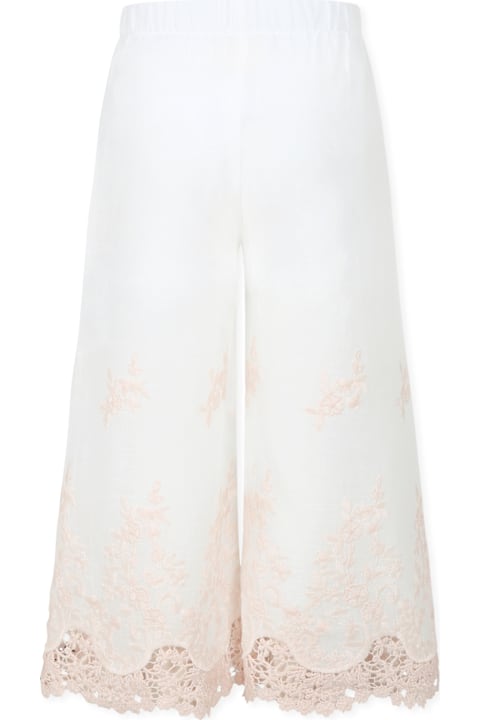 Caffe' d'Orzo for Girls Caffe' d'Orzo Ivory Trousers For Girl With Embroidery