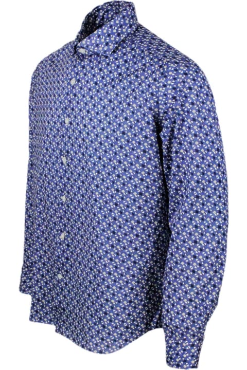 Sonrisa Shirts for Men Sonrisa Luxury Shirt In Soft, Precious And Very Fine Stretch Cotton Flower With Spread Collar In Small Micro-pattern Print With Small Triangles.