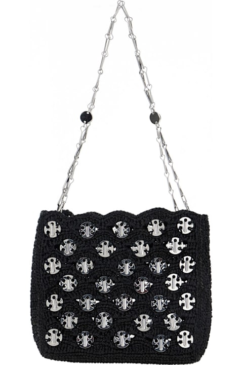 Paco Rabanne حقائب الكتف لـ السيدات Paco Rabanne 'iconic 1969' Black Shoulder Bag With Embedded Metallic Discs In Raphia Woman