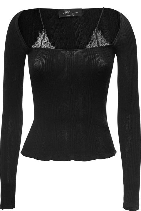 Black Long-sleeves Top With Lace Details In Stretch Viscose Woman