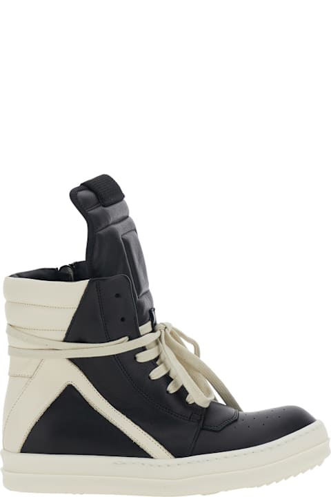 Rick Owens 'creep Geo-basket' Black High-top Sneakers With Contrasting Details In Leather Woman