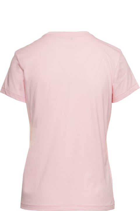 Pink Crewneck T-shirt With Contrasting Logo Embrodery In Cotton Woman