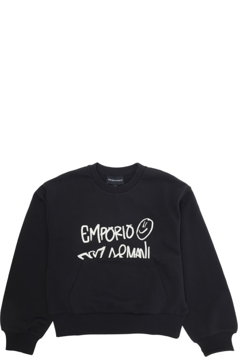 Emporio Armani ملابس علوية لـ بنات Emporio Armani Black Crewneck Sweatshirt With Contrasting Logo Print In Cotton Girl