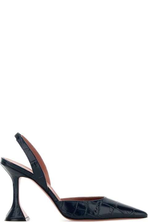 Amina Muaddi Navy Blue Leather Holli Sling Pumps