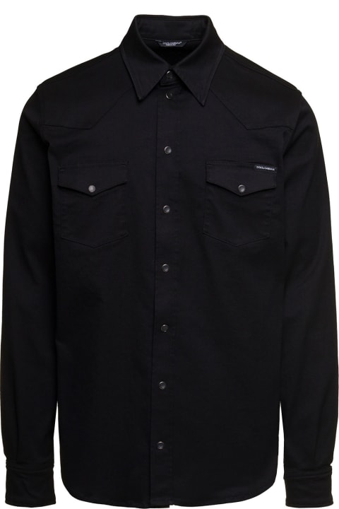 Black Shirt With Metallic Label In Denim Man Dolce & Gabbana
