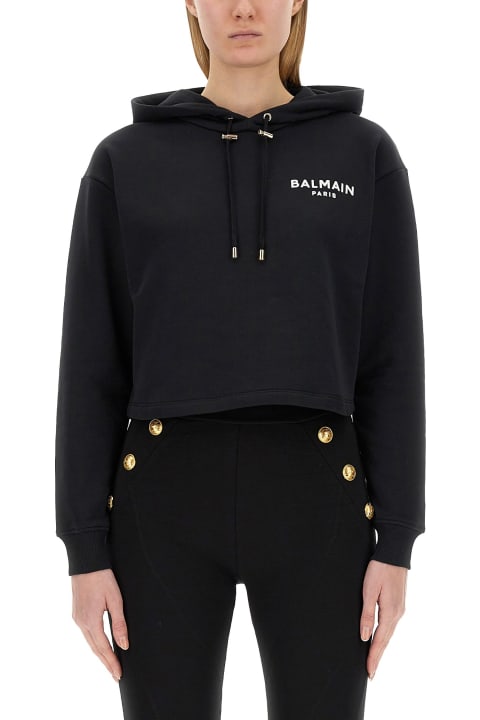 Clothing Sale for Women Balmain Cropped Hoodie With Flocked Logo