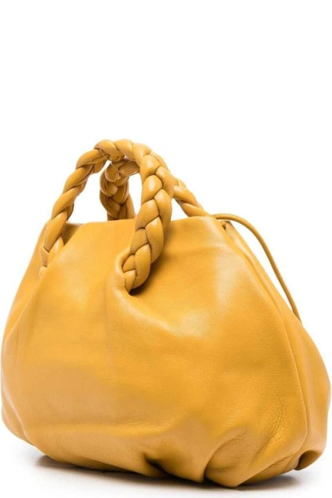 Bombon Braided Mustard Yellow Handbag In Calf Leather With Braided Handles