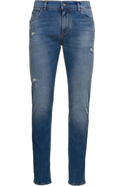 Blue Distressed Slim-fit Jeans In Cotton Denim Man Dolce & Gabbana