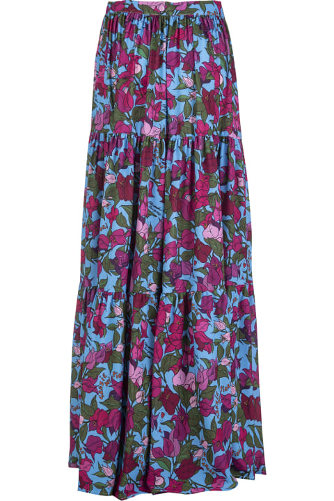 Long Light Blue Skirt With All-over Bougainvillea Print