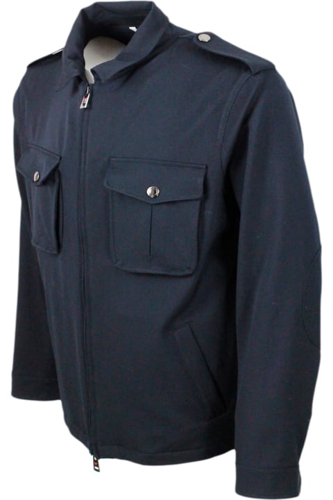 Jacket In Special Stretch Water-repellent Wool Canvas Fabric With Standing Collar And Patch Pockets On The Chest. Zip Closure