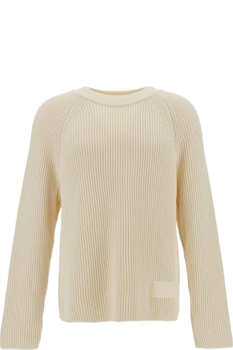 White Ribbed Sweater With Logo Patch In Cotton And Wool Man