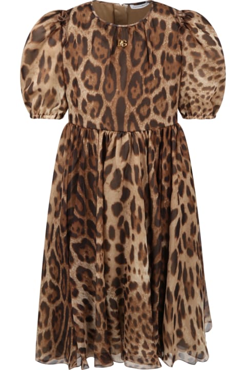 Beige Dress For Girl With Animal Print And Logo