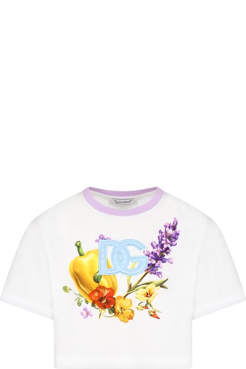 White T-shirt For Girl With Flowers And Iconic Logo