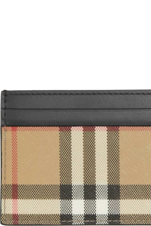 Brown Card Holder With Vintage Check Motif All-over In Leather And Cotton