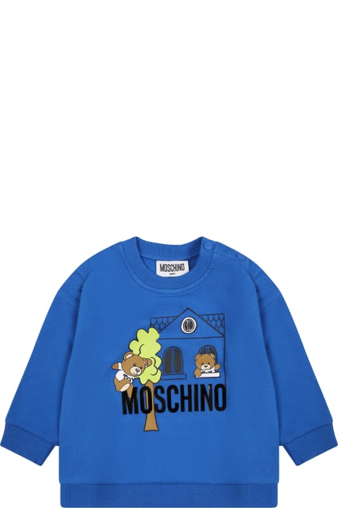 Topwear for Baby Girls Moschino Blue Sweatshirt For Baby Boy With Teddy Bears And Logo