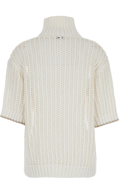 Brunello Cucinelli Topwear for Women Brunello Cucinelli White High Neck Sweater With Perforated Design In Cotton Woman