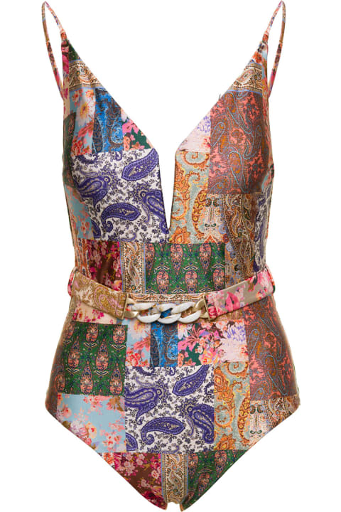 Zimmermann Swimwear for Women Zimmermann Multicolor Swimsuit With All-over Paisley Motif And Belt In Stretch Polyamide Woman