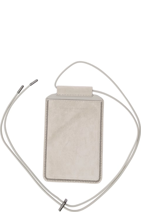 Brunello Cucinelli Accessories for Women Brunello Cucinelli White Phone-holder With Shiny Trim And Logo In Suede Woman